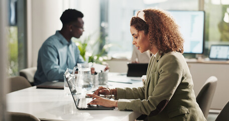 Meeting, research and woman in office with laptop for typing, data analysis or business report at startup. Computer, web idea and businesswoman in boardroom planning online schedule at digital agency