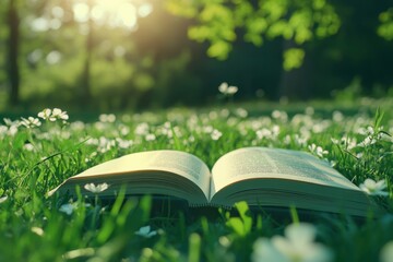 A flat, open book with delicate pages fluttering in a gentle breeze, lying on a grassy meadow. The scene evokes a peaceful, serene moment of reading in nature.