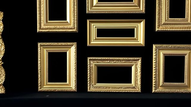 A collection of empty, gold-colored picture frames are displayed against a stark black backdrop