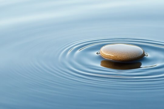 A flat, polished stone skipping across a calm lake surface, creating ripples in the water. The image captures the motion and tranquility of this simple outdoor activity. 