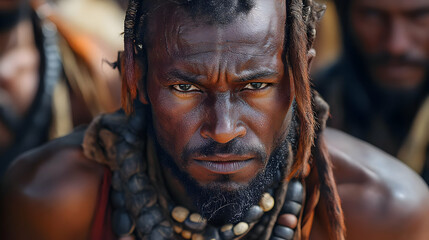 Intense Gaze: African Tribal Man's Powerful Portrait, Cultural Heritage, Deep Roots, Ancient Traditions, Strong Gaze,  Resilience,  Strength,  African Culture,  Humanity