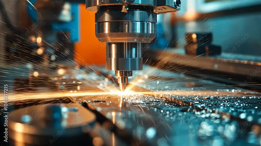 Poster close-up view of a metalworking machine in action