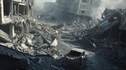 Earthquake destruction with collapsed buildings and rubble scattered across streets