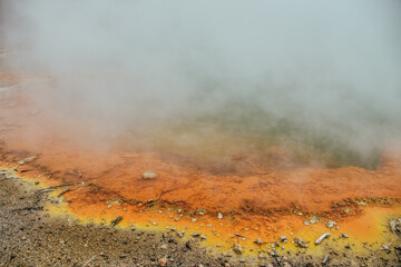 Fotografía de la actividad geotermal en Wai O Tapu Park, Rotorua, Nueva Zelanda.