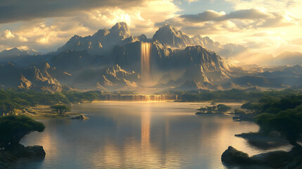 Golden Waterfall Cascades into Serene Lake, Majestic Mountains Rise, Epic Sunset