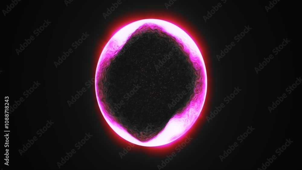 Poster purple and red glowing sphere encircled by sparkling light particles, creating a vibrant cosmic spec