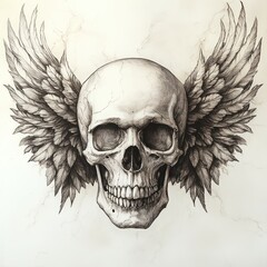 Obraz premium A detailed skull with wings illustration, symbolizing mortality and freedom.