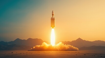 Space Rocket Launch at Sunset Dramatic Desert Landscape