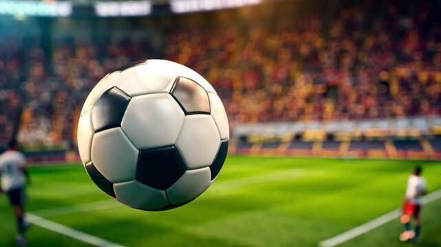 The soccer ball rolls across the lush green field of the stadium, during a crucial match in the prestigious Champions League with copy space. Generative AI