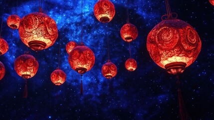 Fototapeta premium Red lanterns glowing against a starry night sky.