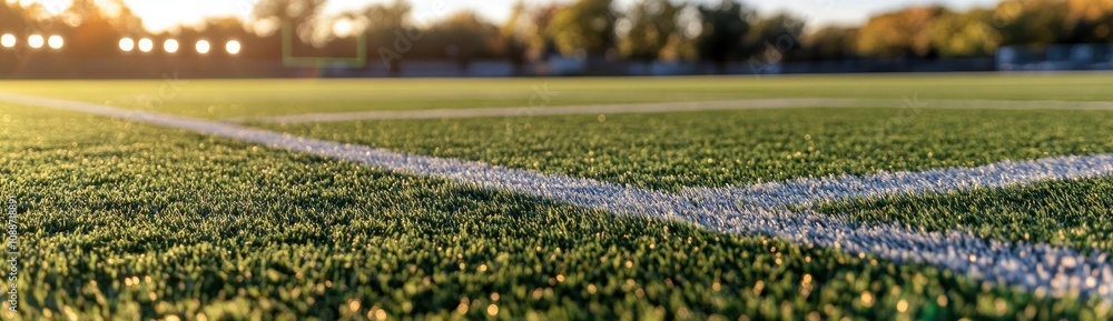 Poster a close-up view of a well-maintained artificial turf sports field during sunset.