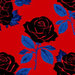 Black rose with blue leaves on red background, seamless texture, background