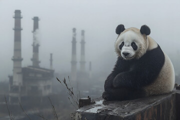 Panda Sitting Amidst Industrial Pollution on a Rainy Day with Smokestacks and Thick Smoke.