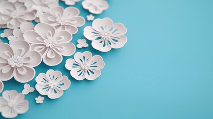 Fototapeta premium Elegant White Paper Flowers on Blue Background Floral Crafts Wedding Spring