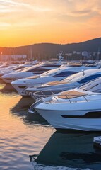 Stunning Sunset Over a Luxury Yacht Marina: A Serene Nautical Escape with Reflection on Calm Waters