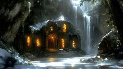 Enchanted Winter Chapel: Waterfall, Stone, Snow