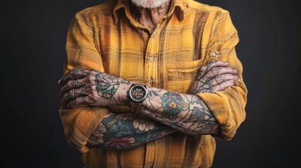 Fototapeta premium Elderly tattoos, senior showcasing art on skin, dynamic contrast of age and ink, creative and expressive, illustrations.