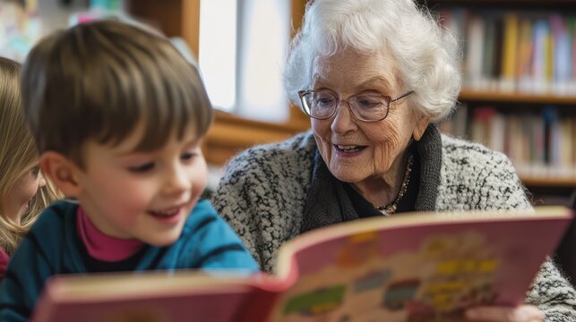 Elderly volunteer programs, senior helping children read in a community library, lively engagement.