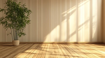 Sunlit empty room with bamboo plant, wooden floor and walls.