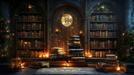 Obraz premium Ancient Library: Bookshelves Filled with Old Tomes, Lit by Candlelight