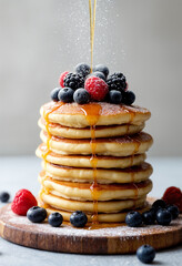 Sweet pancakes topped with berries and syrup are dusted with powdered sugar.