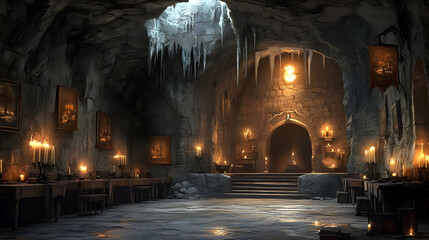 Explore Dark Cave Hall: Medieval Stone, Candles, Mysterious