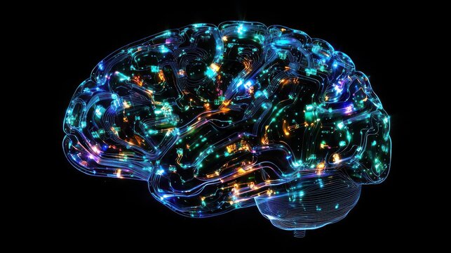 A conceptual representation of an artificial intelligence brain illuminated with colorful circuits and patterns
