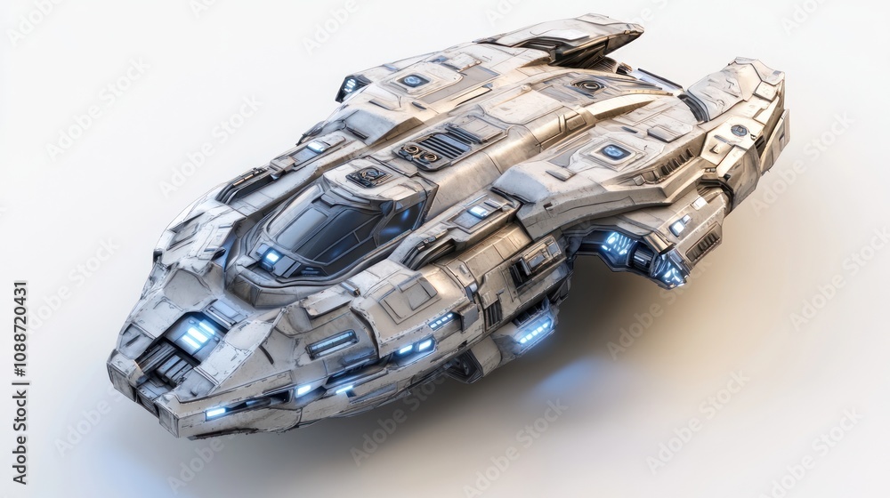 Poster a futuristic spacecraft design featuring sleek lines and illuminated details.