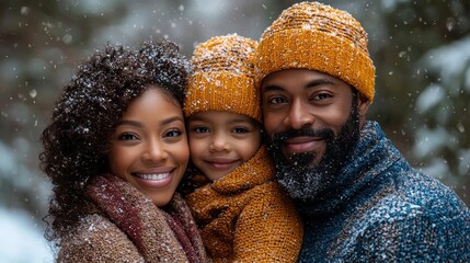 Joyful family portrait in a snowy winter wonderland