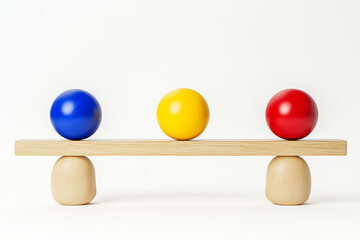 Three colorful balls (yellow, red, and blue) balanced on a wooden seesaw. Minimalistic design with a neutral beige background.