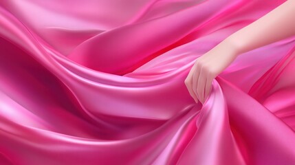 Obraz premium A close-up of a hand interacting with flowing pink satin fabric.
