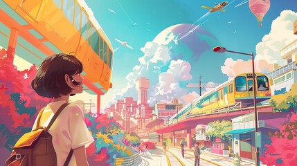 Fototapeta premium A cartoon illustration of a futuristic city with trains, a monorail and people walking.