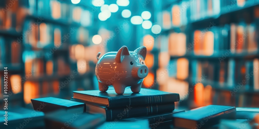 Poster a piggy bank sits atop stacked books in a library, symbolizing saving and knowledge.