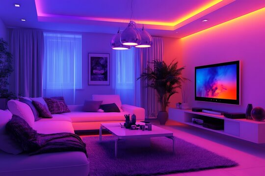 Modern living room with colorful LED lighting, sectional sofa, and large screen TV.