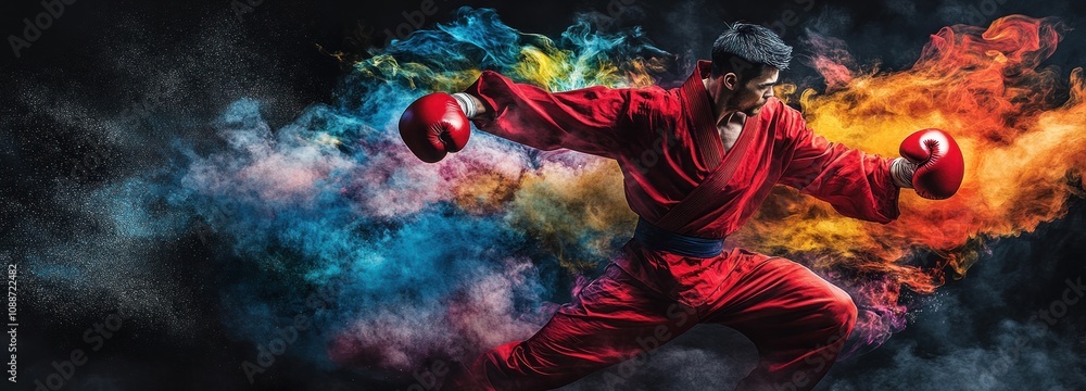 Poster a martial artist in a red uniform strikes a dynamic pose with colorful smoke effects.