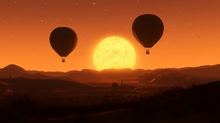 Two hot air balloons fly against the sunset with a distant building and mountains in the background.