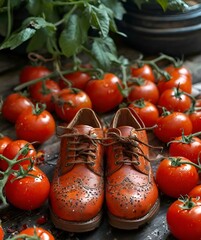 Stylish red shoes standing next to a tomato, tomatoes in a greenhouse