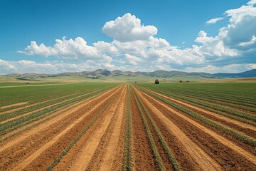 An aerial view of tractors sowing seeds in large fields. Generative AI