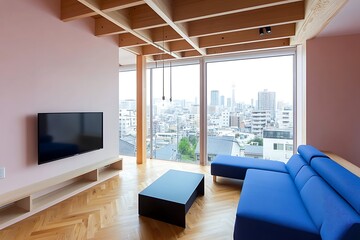 Modern Living Room with TV, Beams & Pendant Lights