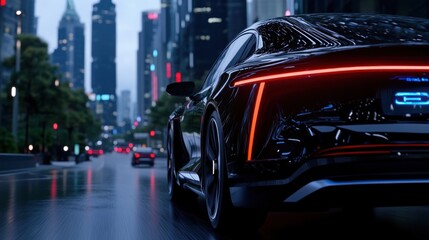 A sleek black car driving through a modern city at dusk.
