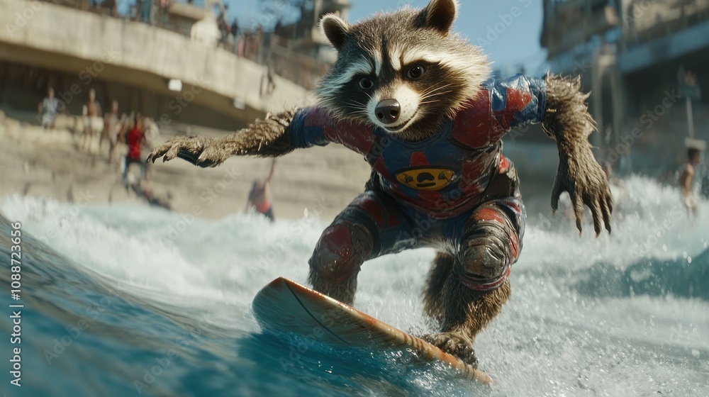 Poster a raccoon character surfing on a wave, showcasing action and fun in a vibrant beach setting.