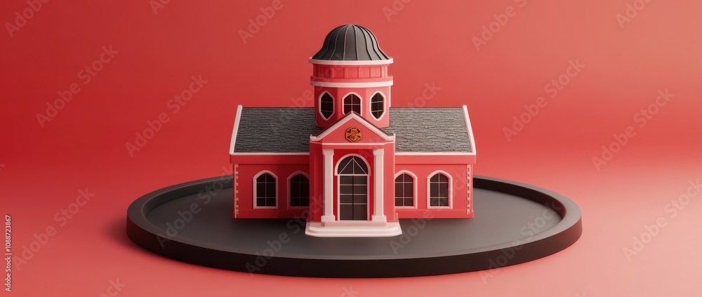 Poster a stylized, pink building with a dome, set on a circular base against a red background.