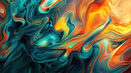 A vibrant and dynamic abstract swirl showcasing rich colors like orange, teal, and yellow in a fluid, wavy design. Ideal as a modern art background.