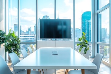 Modern Meeting Room With City View, High-Rise Office, TV Screen, Chairs  and Light
