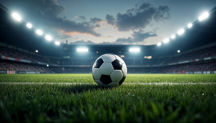 A soccer ball rests on green grass near a stadium.