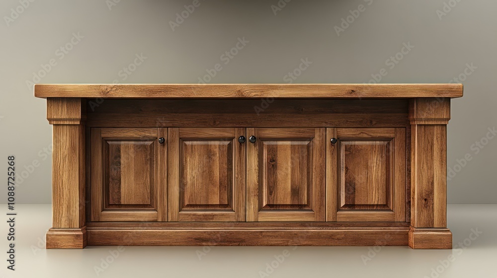 Poster A wooden counter with multiple cabinets and a smooth surface.