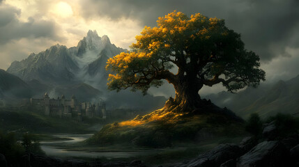 Majestic Tree Stands Tall, Ancient Castle Below, Mountains Rise, Golden Light Bathes Scene, Fantasy Realm.