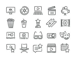 Movie video hand drawn doodle sketch style line icons