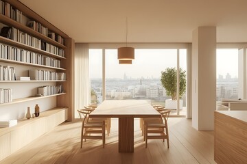 Fototapeta premium Modern Minimalist Dining Room With Balcony, Wooden Paneling, and Sunlight