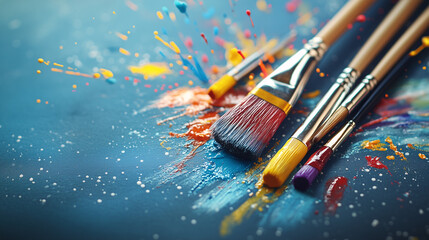 Fototapeta premium Art brushes lying on a blue surface covered in colorful paint splatter